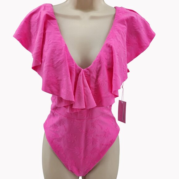 Trina Turk Womens Size 10 Pink Petal Ruffle One Piece Swimsuit New - Picture 1 of 9